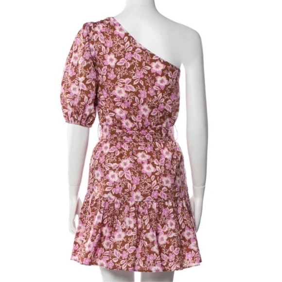NEW Jason Wu One Shoulder Puff Sleeve Floral Belted Mini Dress Pink Tan Small - Picture 2 of 10